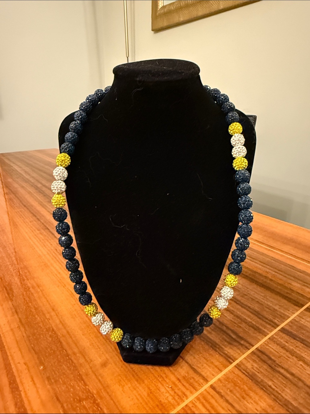 Handcrafted Navy Beaded Necklace with Yellow and White Accent Beads